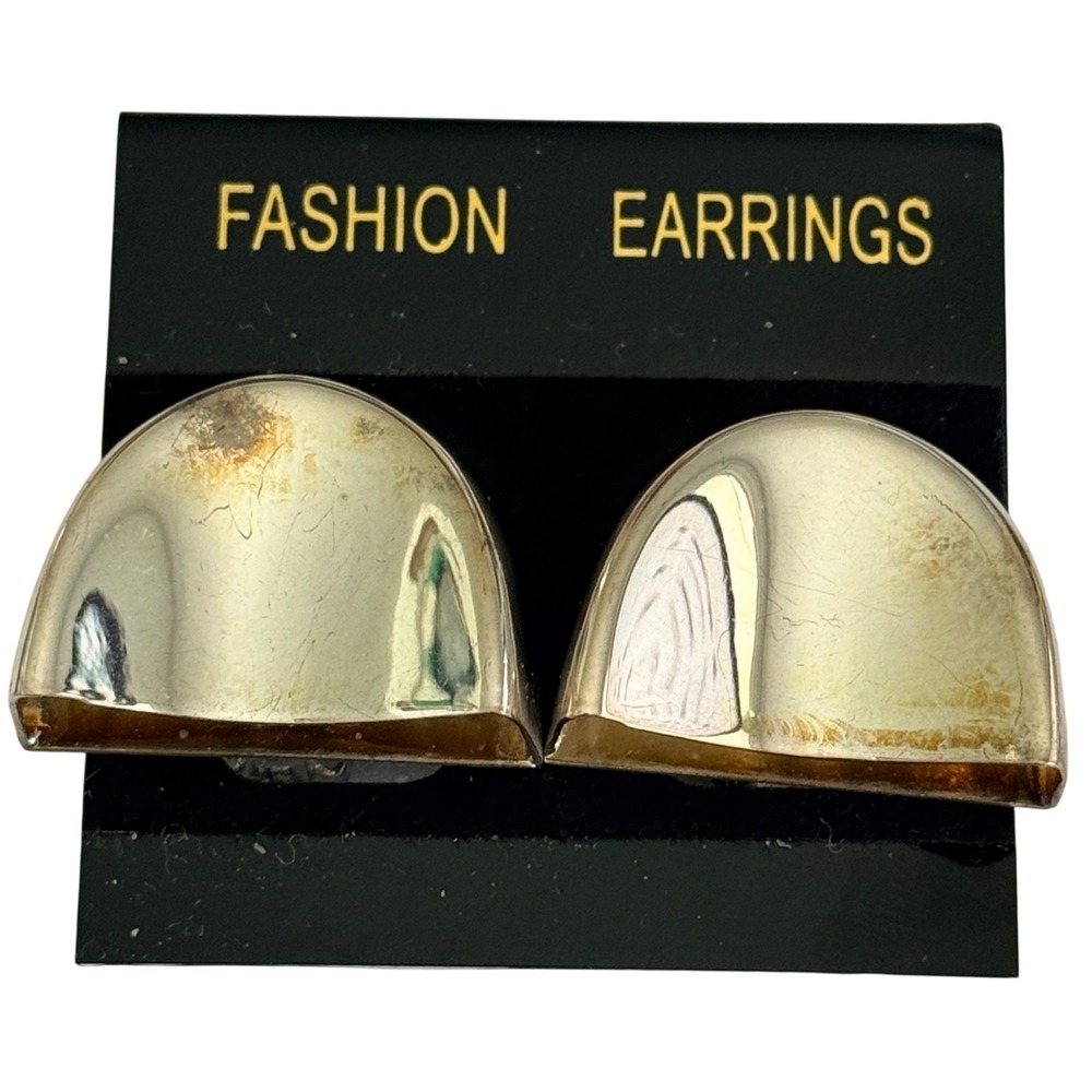 Vintage Dome Clip On Earrings Half Moon Chunky Statement Gold Tone 0.75in Women